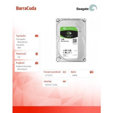 Seagate | Barracuda | 1TB SATAIII | 7200 RPM | 1000 GB | HDD | 64 MB - 5